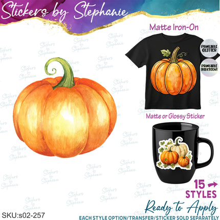 (s02-257) Pumpkins Watercolor Illustrated Graphic Iron-On Transfer or Sticker