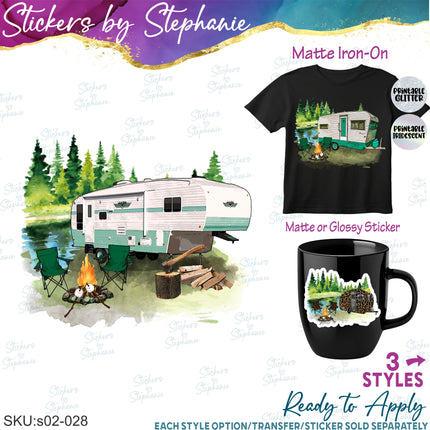 (s02-028) Camper Trailer Watercolor Graphic Iron-On Transfer or Sticker