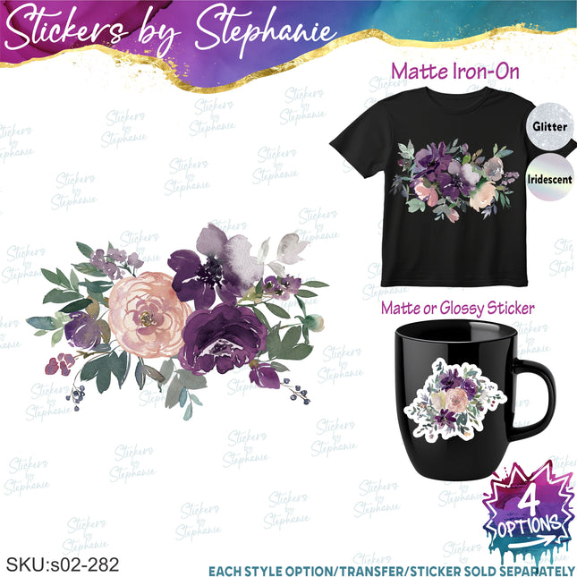 (s02-282) Purple Flowers Graphic Iron-On Transfer or Sticker