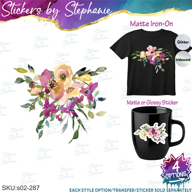 (s02-287) Purple Yellow Flowers Graphic Iron-On Transfer or Sticker