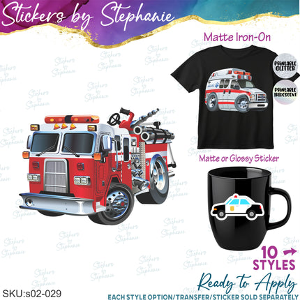 (s02-029) Emergency Rescue Vehicles Fire Truck Police Car Graphic Iron-On Transfer or Sticker
