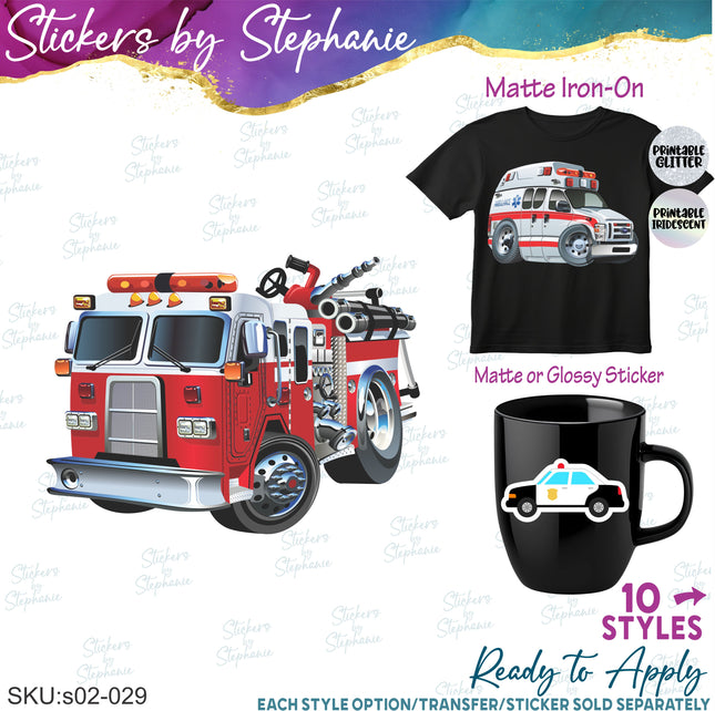 (s02-029) Emergency Rescue Vehicles Fire Truck Police Car Graphic Iron-On Transfer or Sticker