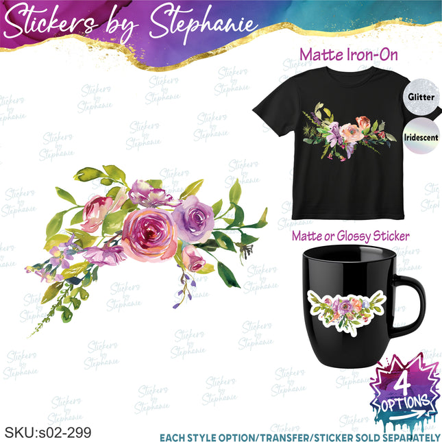 (s02-299) Pink Purple Flowers Graphic Iron-On Transfer or Sticker