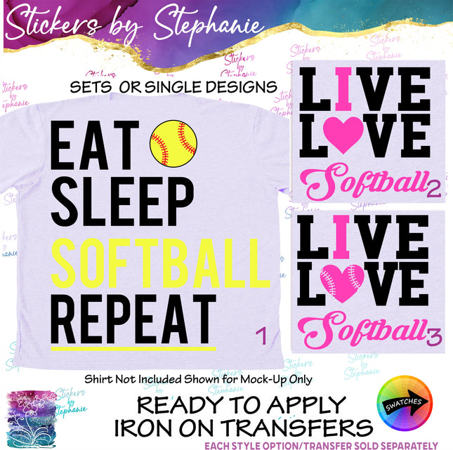 (s03-703) Eat Sleep Live Love I Heart Softball Iron-On Transfer