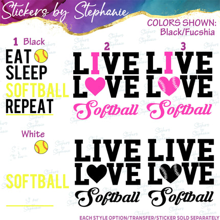 (s03-703) Eat Sleep Live Love I Heart Softball Iron-On Transfer