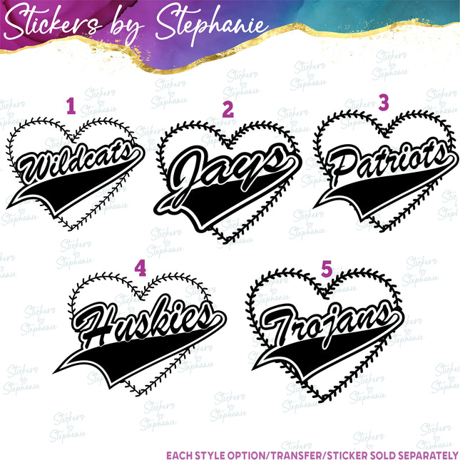 (s03-621) Baseball Laces Heart Wildcats, Jays, Trojans, Patriots, Huskies  Iron-On Transfer or Sticker