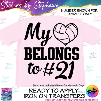 (s03-674) My Heart Belongs to Number Volleyball Iron-On Transfer or Sticker