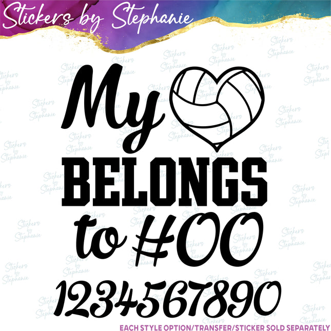 (s03-674) My Heart Belongs to Number Volleyball Iron-On Transfer or Sticker