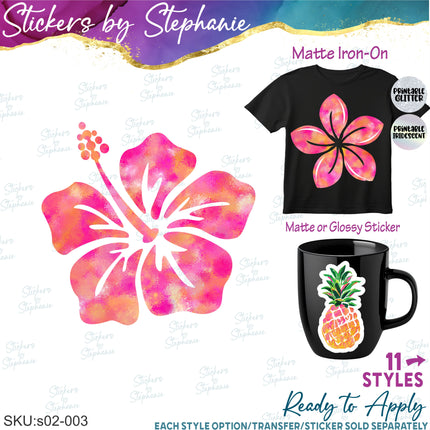 (s02-003) Pink Hibiscus Plumeria Flower Pineapple Graphic Iron-On Transfer or Sticker