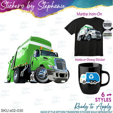 (s02-030) Garbage Recycling Truck Graphic Iron-On Transfer or Sticker