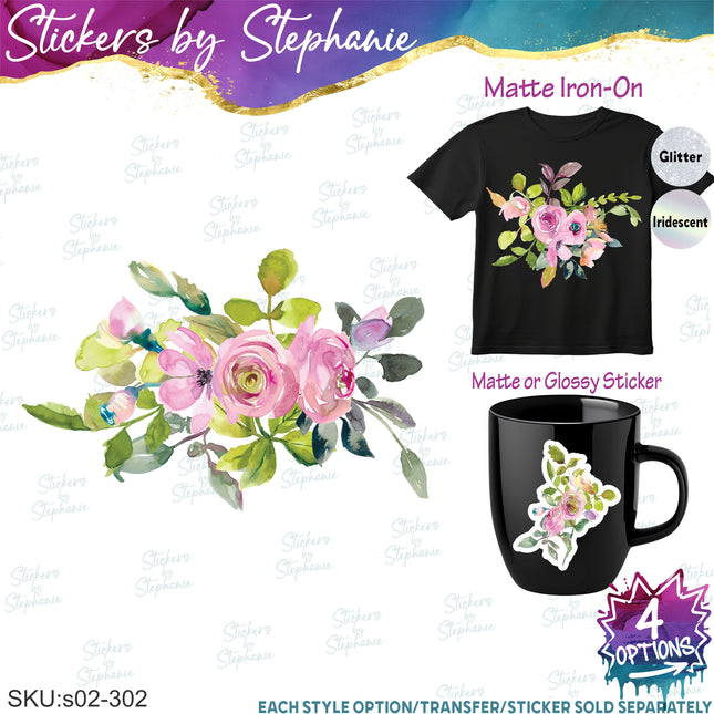 (s02-302) Purple Pink Flowers Graphic Iron-On Transfer or Sticker
