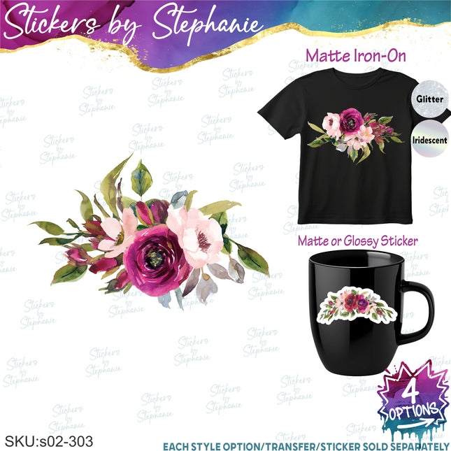 (s02-303) Burgundy Pink Flowers Graphic Iron-On Transfer or Sticker