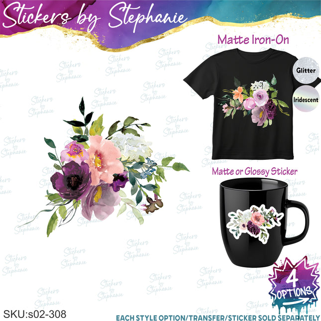 (s02-308) Burgundy Peach Flowers Graphic Iron-On Transfer or Sticker