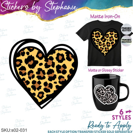 (s02-031) Leopard Heart Hearts Graphic Iron-On Transfer or Sticker
