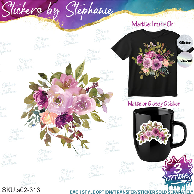 (s02-313) Burgundy Mauve Pink Roses Flowers Graphic Iron-On Transfer or Sticker