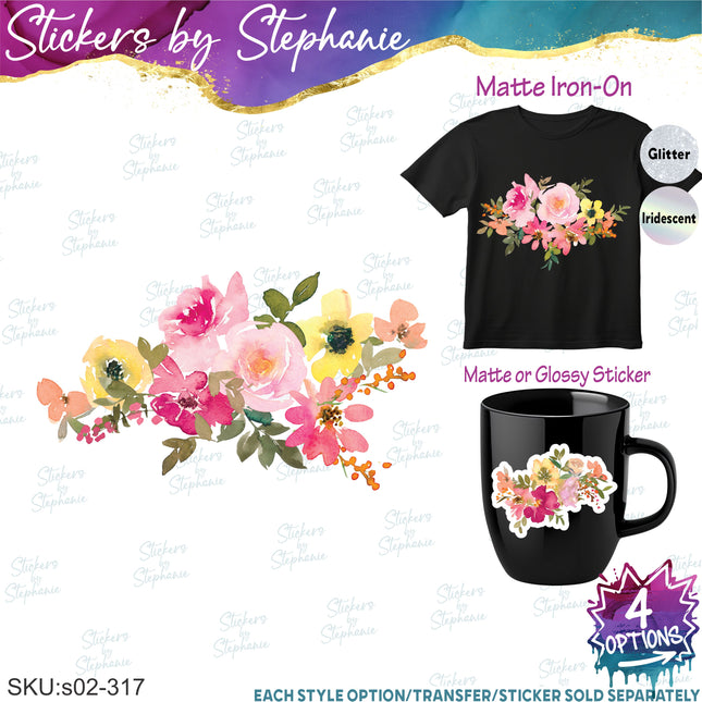 (s02-317) Pink Yellow Orange Flowers Graphic Iron-On Transfer or Sticker