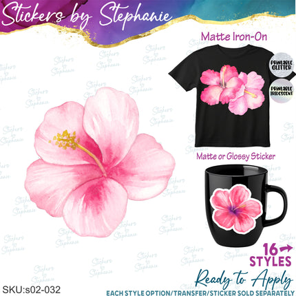 (s02-032) Pink White Hibiscus Flowers Graphic Iron-On Transfer or Sticker