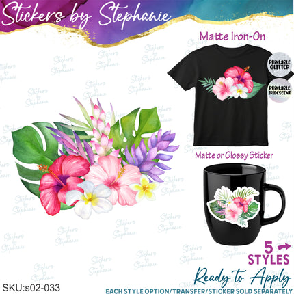 (s02-033) Tropical Flowers Hibiscus Graphic Iron-On Transfer or Sticker