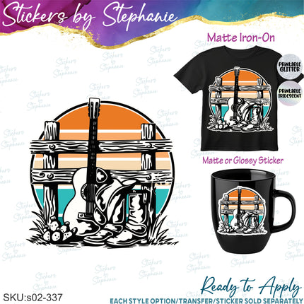 (s02-337) Retro Sunset Western Graphic Iron-On Transfer or Sticker