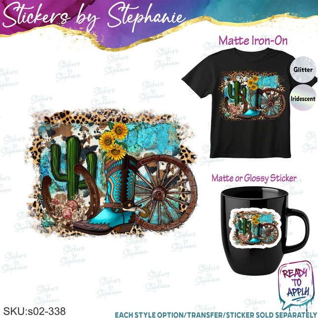 (s02-338) Country Western Turquoise Graphic Iron-On Transfer or Sticker