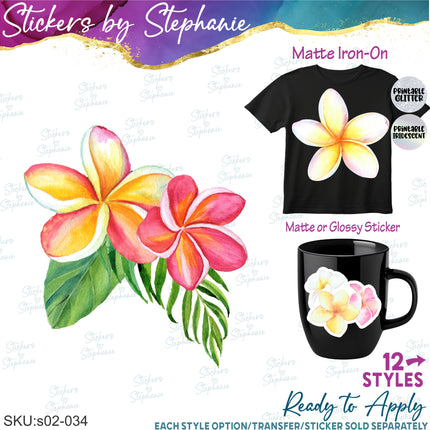 (s02-034) Plumeria Flowers Graphic Iron-On Transfer or Sticker