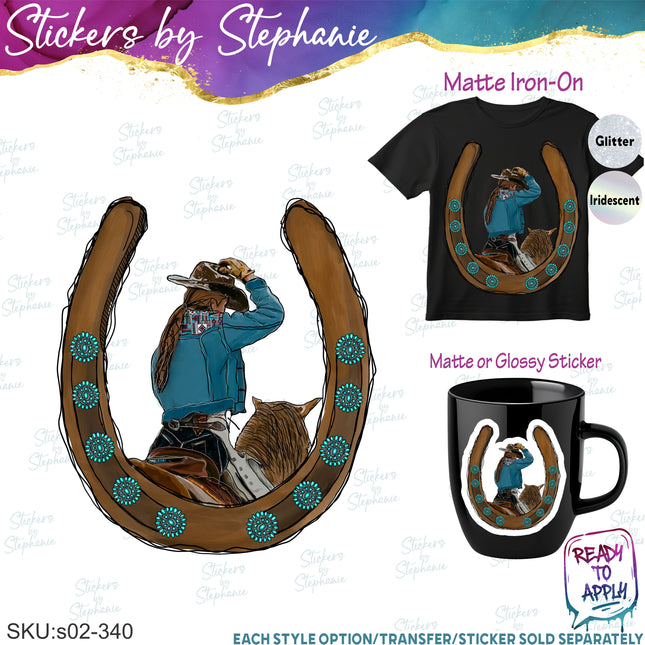 (s02-340) Cowgirl Horse Horseshoe Graphic Iron-On Transfer or Sticker