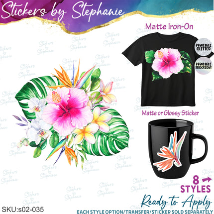 (s02-035) Tropical Flowers Hibiscus Bird of Paradise Graphic Iron-On Transfer or Sticker