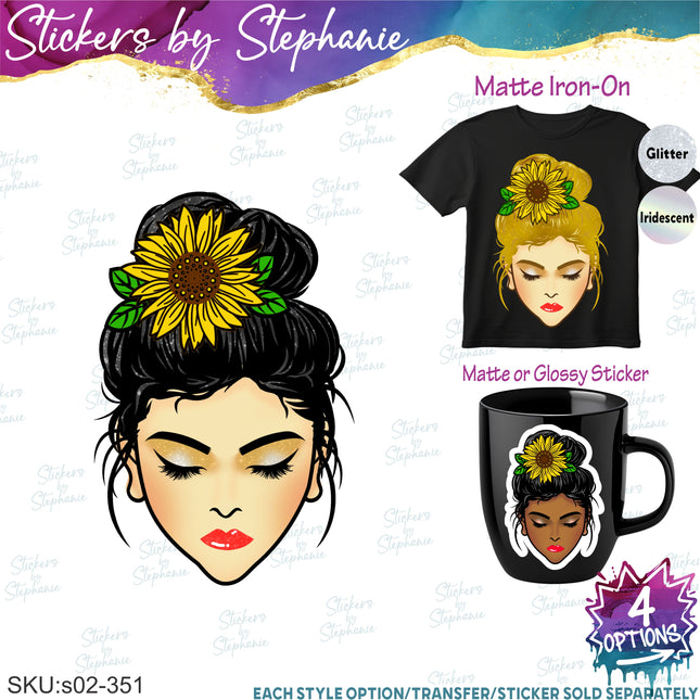 (s02-351) Messy Bun Hair Face Sunflower Graphic Iron-On Transfer or Sticker