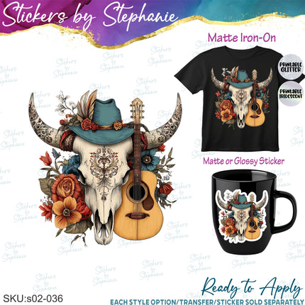 (s02-036) Boho Western Cow Skull Guitar Graphic Iron-On Transfer or Sticker