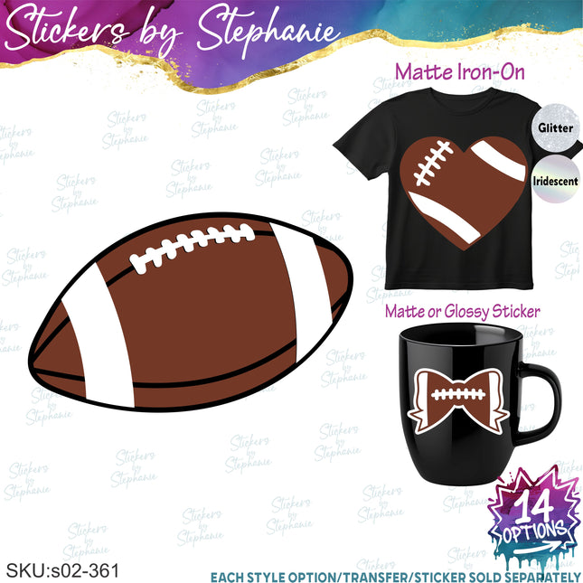 (s02-361) Football Ball Heart Bow Iron-On Transfer or Sticker