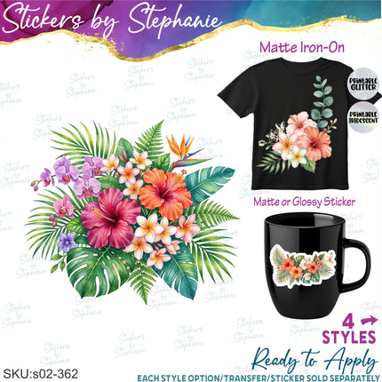(s02-362) Tropical Flowers Hibiscus Graphic Iron-On Transfer or Sticker