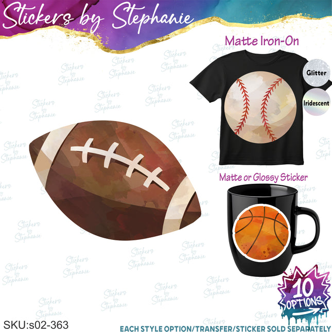 (s02-363) Sports Balls Watercolor Iron-On Transfer or Sticker