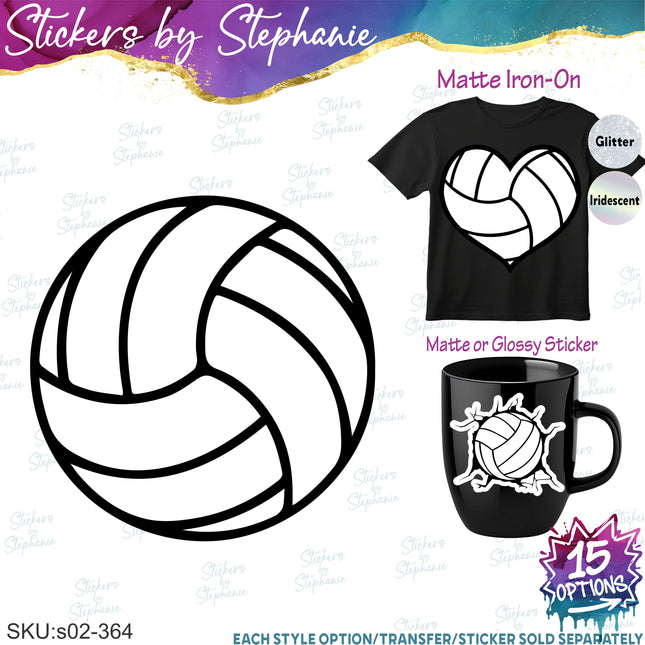 (s02-364) Volleyball Ball Heart Bow Iron-On Transfer or Sticker
