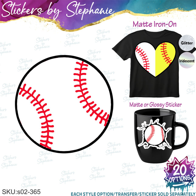 (s02-365) Baseball Ball Heart Bow Iron-On Transfer or Sticker
