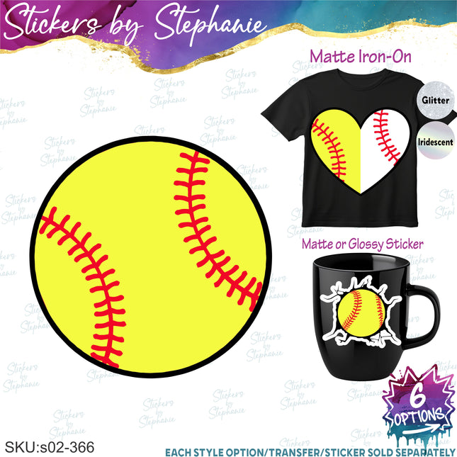 (s02-366) Softball Ball Heart Bow Iron-On Transfer or Sticker