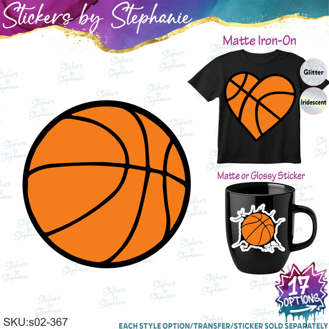 (s02-367) Basketball Ball Heart Bow Iron-On Transfer or Sticker