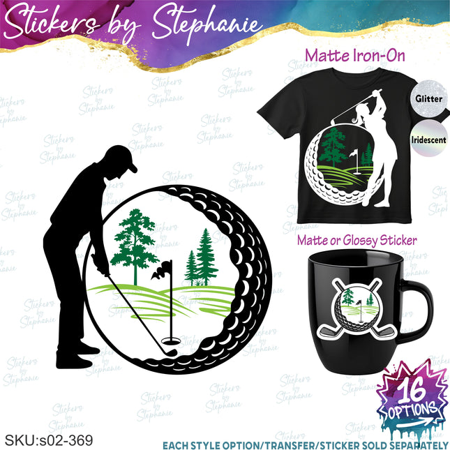 (s02-369) Golf Ball Golfer Illustrated Iron-On Transfer or Sticker