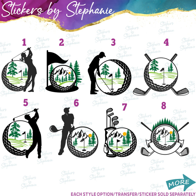 (s02-369) Golf Ball Golfer Illustrated Iron-On Transfer or Sticker