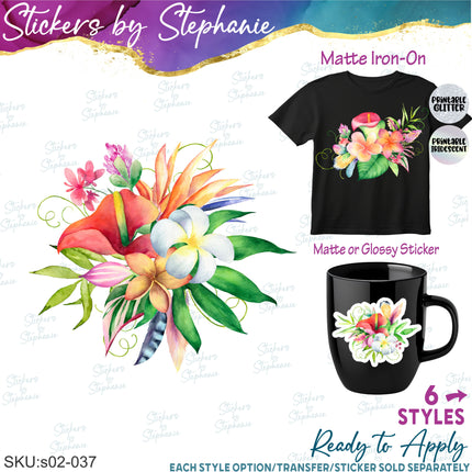 (s02-037) Tropical Flowers Plumeria Graphic Iron-On Transfer or Sticker