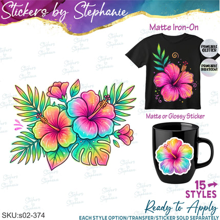 (s02-374) Colorful Neon Tropical Flowers Hibiscus Graphic Iron-On Transfer or Sticker