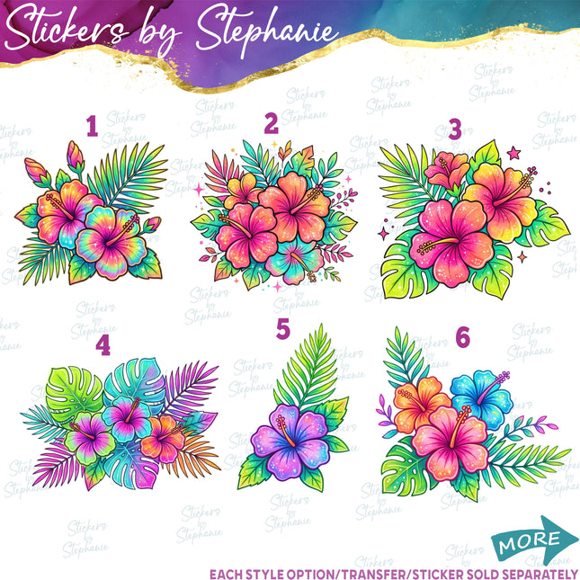 (s02-374) Colorful Neon Tropical Flowers Hibiscus Graphic Iron-On Transfer or Sticker
