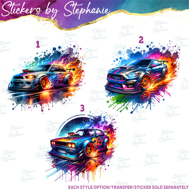 (s02-376) Race Car Colorful Iron-On Transfer or Sticker or Sticker