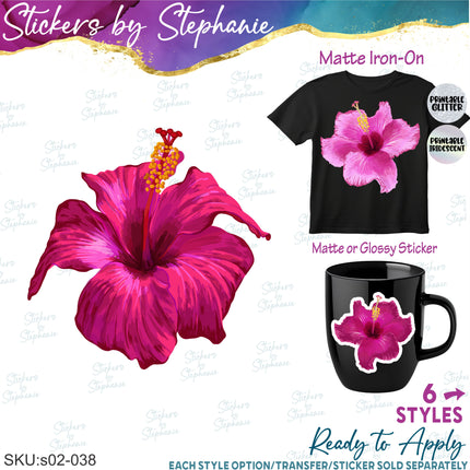 (s02-038) Hot Pink Hibiscus Flowers Graphic Iron-On Transfer or Sticker