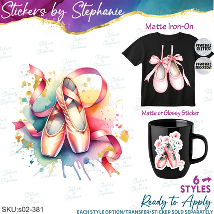 (s02-381) Ballet Ballerina Slippers Watercolor Iron-On Transfer or Sticker