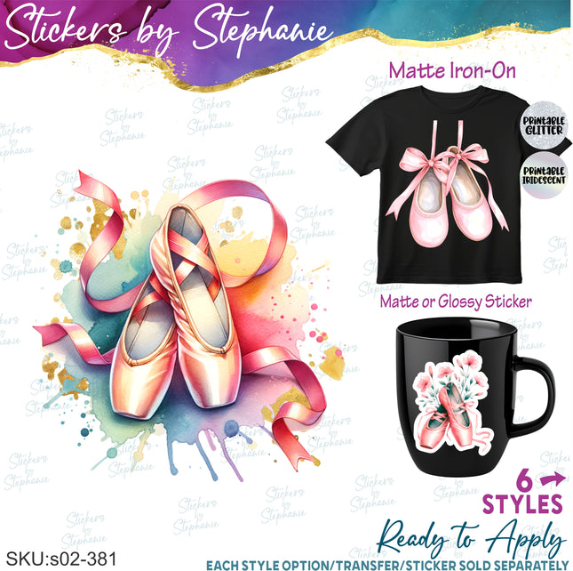 (s02-381) Ballet Ballerina Slippers Watercolor Iron-On Transfer or Sticker