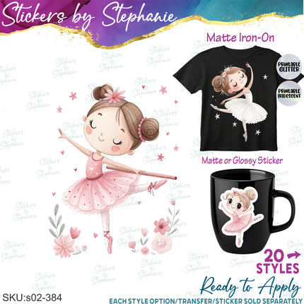 (s02-384) Ballerina Ballet Dancer Watercolor Iron-On Transfer or Sticker