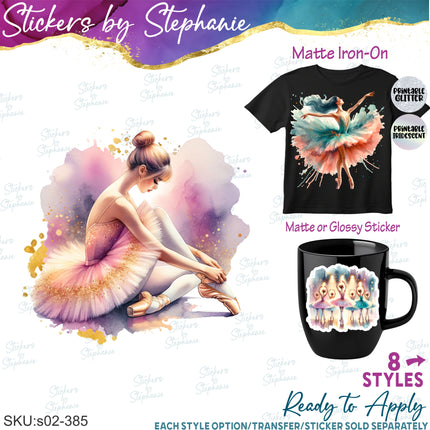 (s02-385) Ballerina Ballet Dancer Watercolor Iron-On Transfer or Sticker