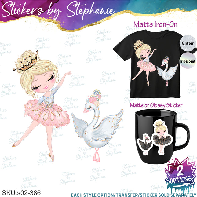 (s02-386) Ballerina Ballet Dancer White Black Swan Iron-On Transfer or Sticker