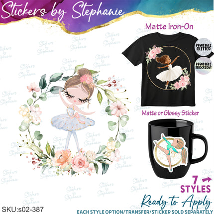 (s02-387) Ballerina Ballet Dancer Flowers Iron-On Transfer or Sticker