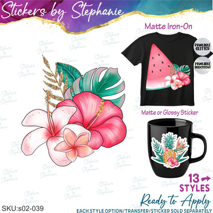 (s02-039) Tropical Flowers Palm Tree Watermelon Graphic Iron-On Transfer or Sticker